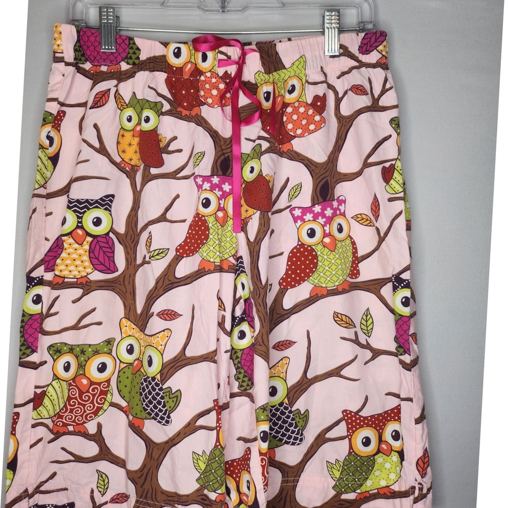 Nick & Nora Pajama Sleep Shorts Medium Owl Print Pink pink ribbon